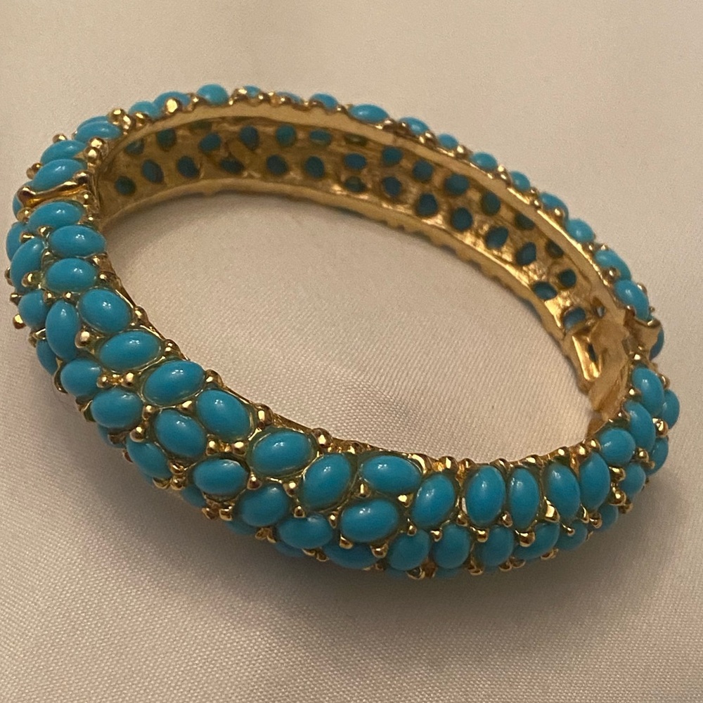 KJL Kenneth Jay Lane Gold Plated Turquoise Cabochon Hinged Bracelet 6.5"